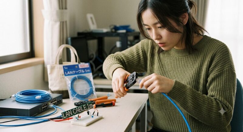 セリア でlan ケーブルを探している女性