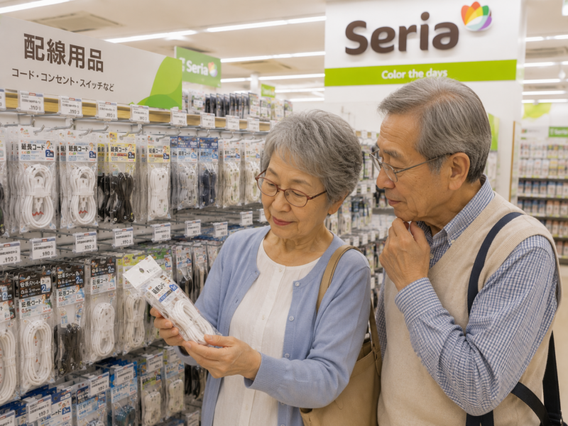 100均セリアで電気紐を探している老夫婦