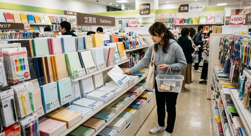 100均の文房具コーナーで原稿用紙を探す女性