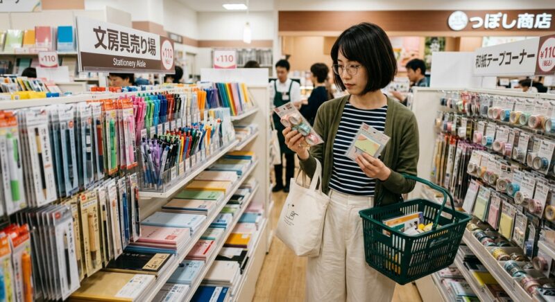 100均の文具売り場で原稿用紙や文房具をチェックする女性
