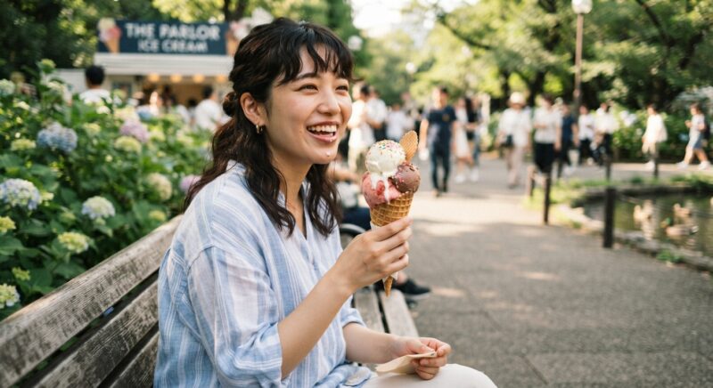 公園のベンチでチョコレートの棒アイスを美味しそうに食べて笑顔を見せる女性