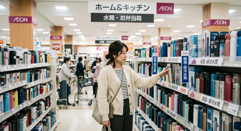イオンの「水筒・お弁当箱」売り場でステンレスボトルを手にする女性