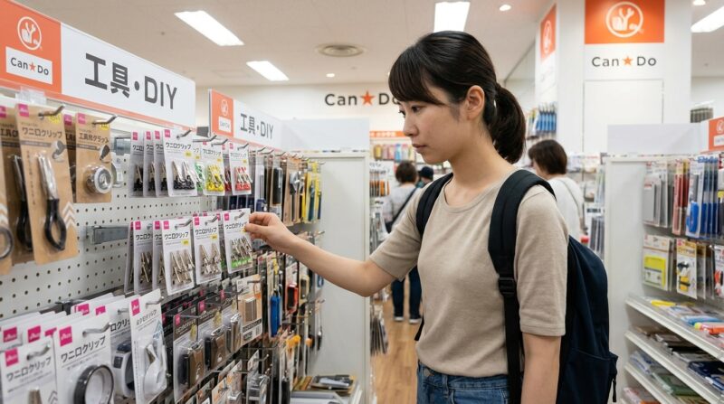 キャンドゥの工具DIYコーナーでワニ口クリップを探す女性