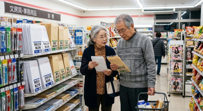 コンビニの文具コーナーで封筒の種類を比較し相談する老夫婦