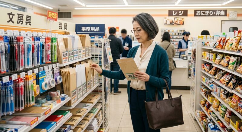 コンビニの文房具コーナーで封筒の種類や規格を確認する50代女性