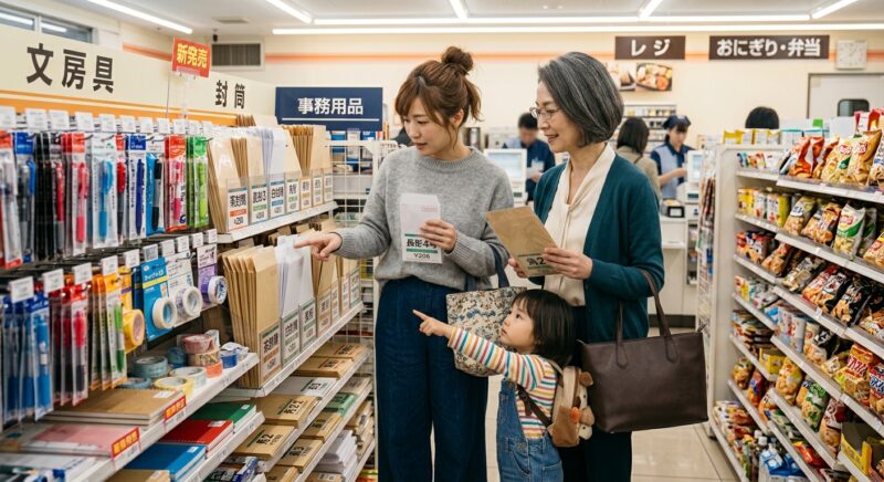 コンビニの文具売り場で子供と一緒に封筒を探す母親と家族