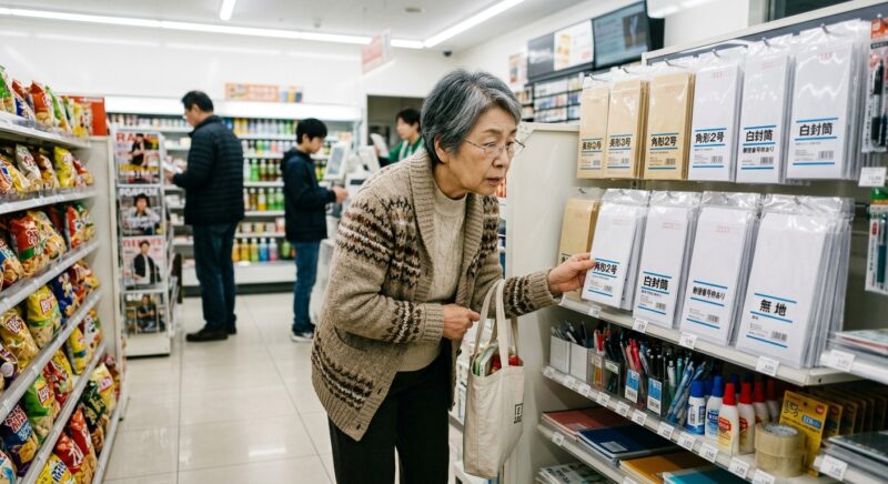 コンビニの文房具棚で封筒をじっくりと選ぶ70代のシニア女性