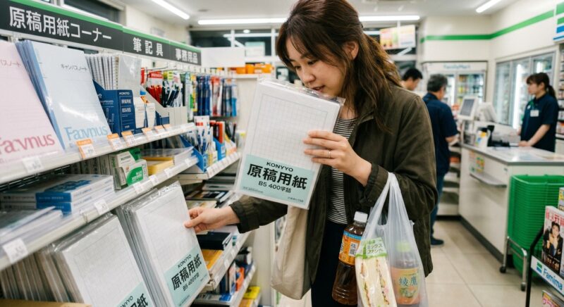 コンビニで販売されているB5サイズの原稿用紙を確認する女性