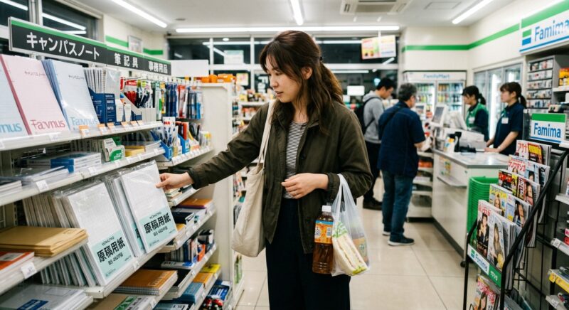コンビニで販売されているB5サイズの原稿用紙を確認する女性