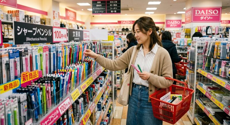 ダイソーの文房具売り場でシャープペンシルを選ぶ女性