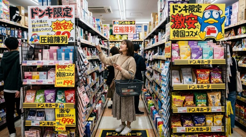 ドン・キホーテの店舗で韓国コスメを選ぶ女性と特徴的なPOP
