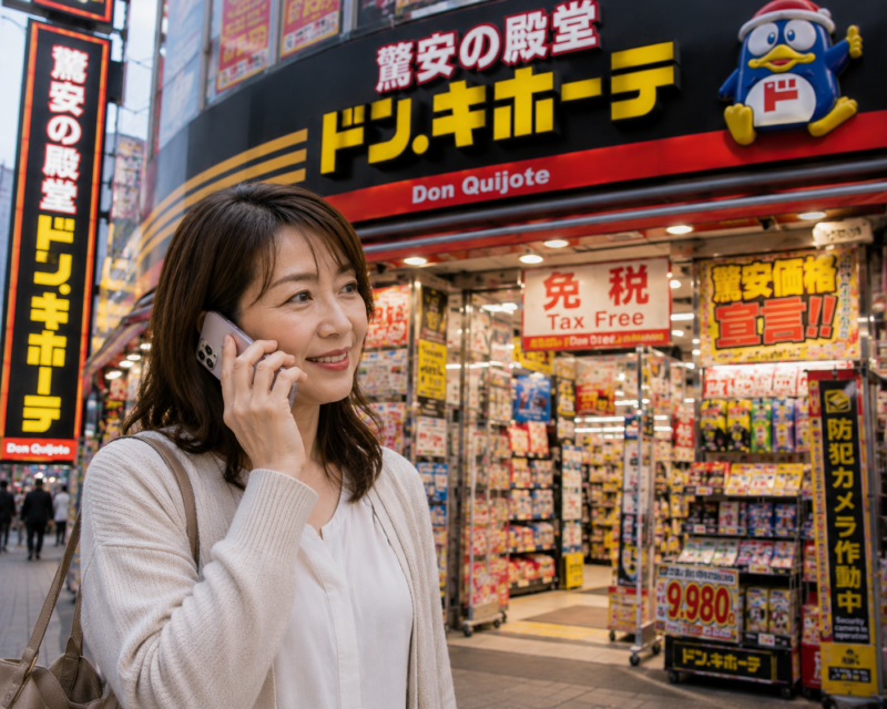 ドン・キホーテの店舗前でスマホで電話をする女性