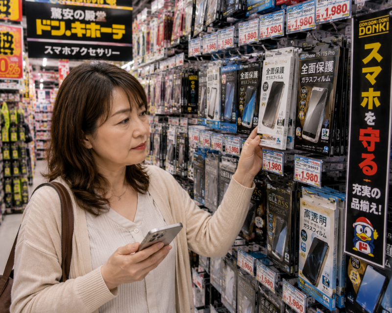 ドン・キホーテでスマホアクセサリーを選ぶ女性