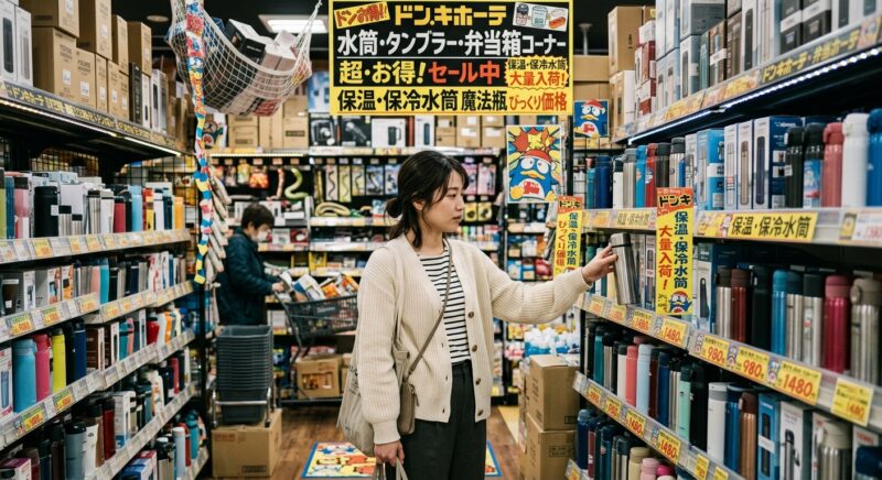 ドン・キホーテの「水筒・タンブラー・弁当箱コーナー」で買い物を楽しむ女性
