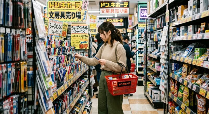 ドン・キホーテの文房具売り場でシャープペンシルを選ぶ女性