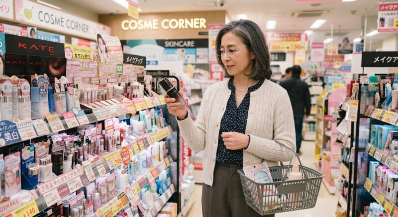 白いセーターを着た女性が、ドラッグストアのコスメコーナーで口紅を持つ