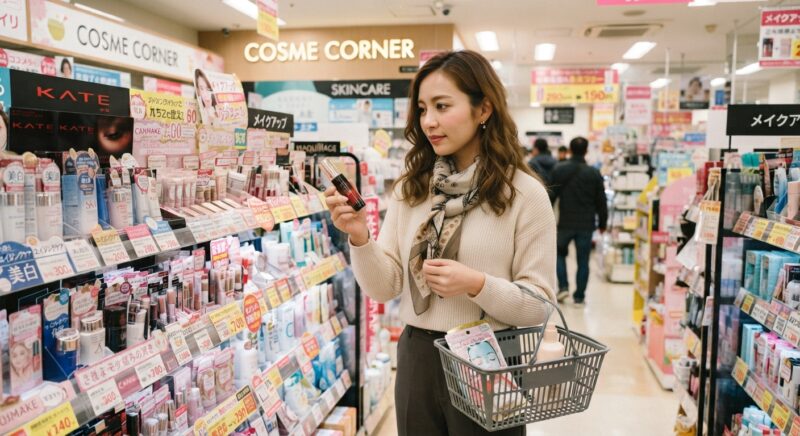 白いセーターを着た女性が、ドラッグストアのコスメコーナーで化粧品ボトルを持つ