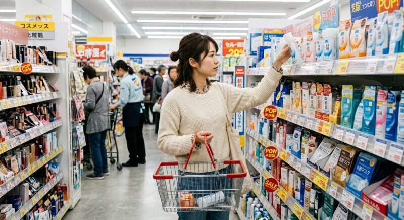 ホームセンターの洗剤コーナーで商品を選ぶ女性とカート