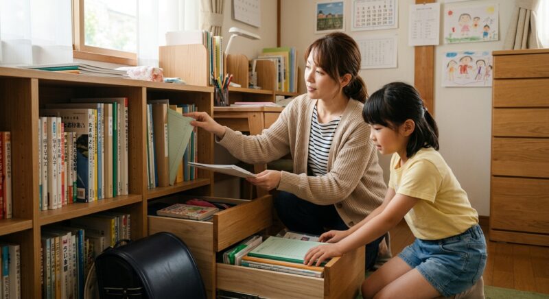 自宅の本棚や引き出しから原稿用紙を親子で探す様子