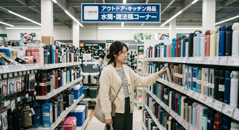 ホームセンター(DCM)の水筒・魔法瓶コーナーで商品を選ぶ女性