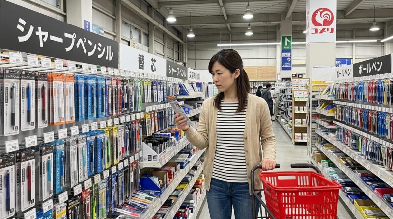 コメリの文房具売り場でシャープペンシルを探す女性