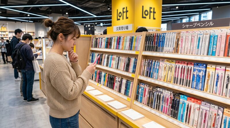 ロフトの文具売り場でシャープペンシルを真剣に選ぶ女性