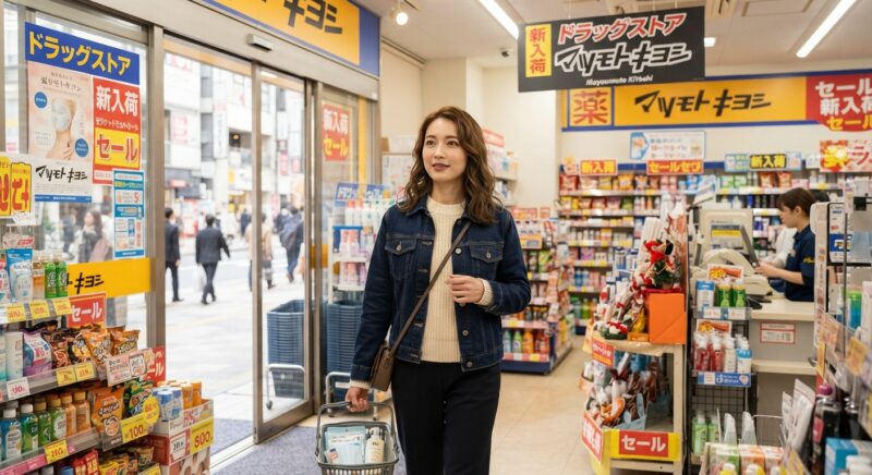 デニムジャケットを着た長髪の女性が、店舗の入口近くで買い物かごを持っています。