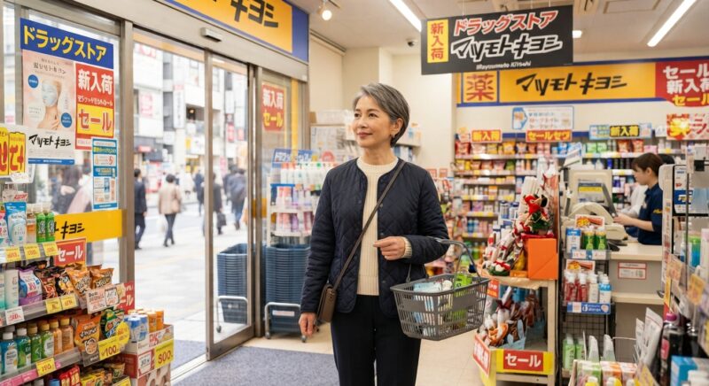 マツモトキヨシの入口で、グレーの買い物かごを持つグレーヘアの女性