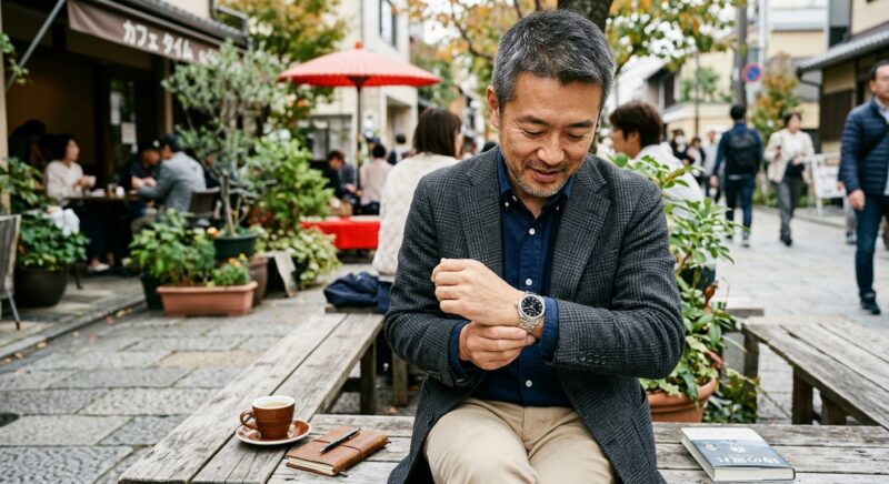 カフェテラスでコーヒーを手に優雅な時間を過ごす腕時計を着けた