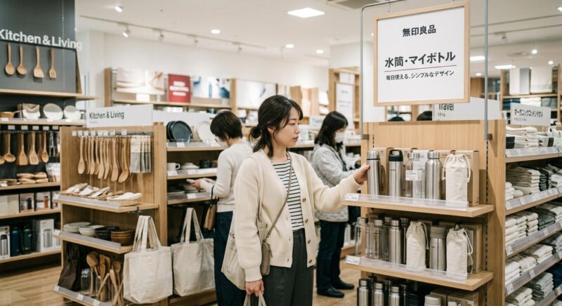 無印良品のキッチン・雑貨コーナーでシンプルな水筒を選ぶ女性