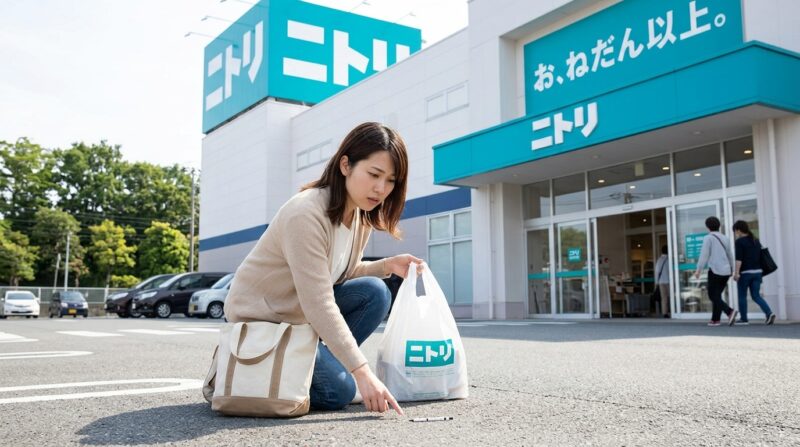 ニトリ店舗前の駐車場でシャープペンシルを拾う女性