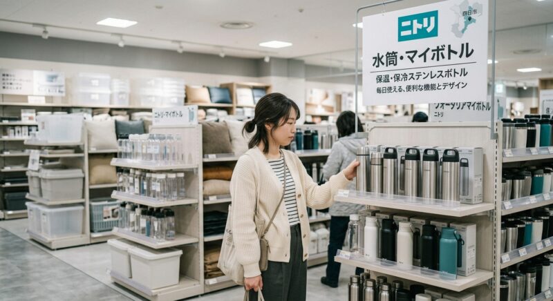 ニトリの「水筒・マイボトル」売り場でステンレスボトルを選ぶ女性