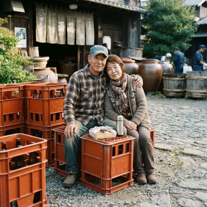 日本の伝統的な酒蔵の前で座って抱き合い、笑顔を見せる幸せな高齢の日本人カップル。周囲には酒瓶ケースや大きな陶器の壺が置かれている。
