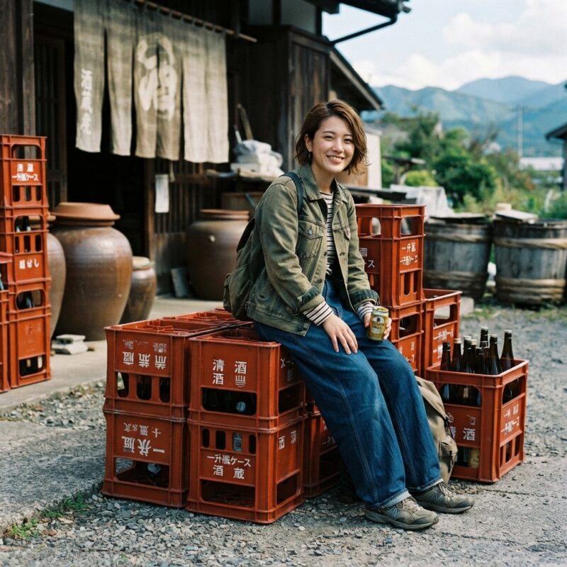 日本の酒蔵の前で、赤いP箱(プラスチック製酒瓶ケース)の山に腰掛け、瓶を手に持って笑顔を見せるカジュアルな服装の若い日本人女性