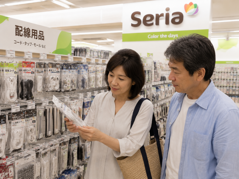 セリアの配線用品売り場で延長コードを選ぶ夫婦