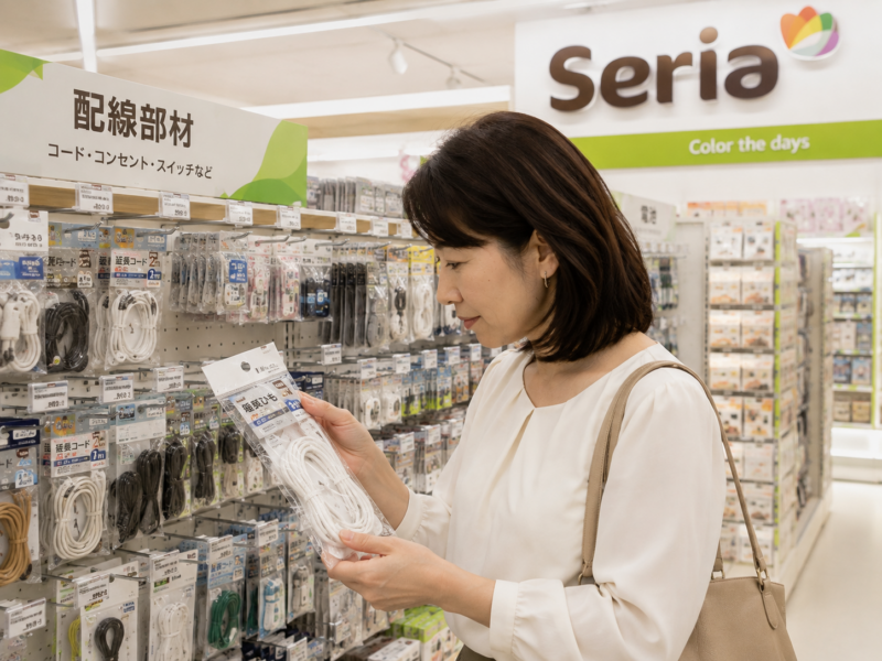 セリアの配線部材コーナーで延長コードを手に取って確認する女性