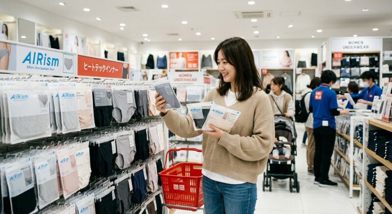 ユニクロの店舗でAIRismやヒートテックの下着を選ぶ女性