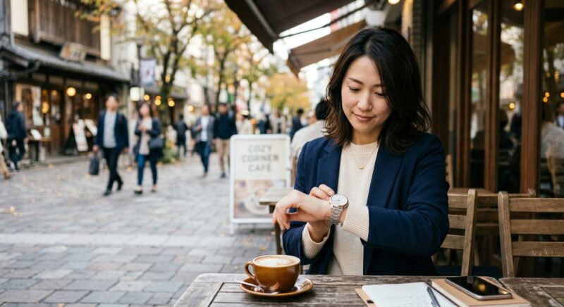 カフェのテラス席で手元の腕時計を確認するパーマヘアの女性