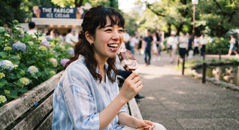公園でコーンアイスクリームを持ちながら楽しそうに食べている女性の笑顔