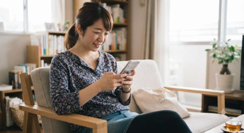 自宅のリビングのソファで笑顔でスマートフォンを操作する女性