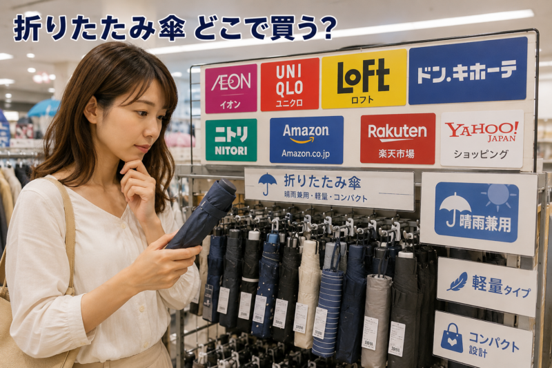 折りたたみ傘の売り場で購入する商品を選ぶ女性