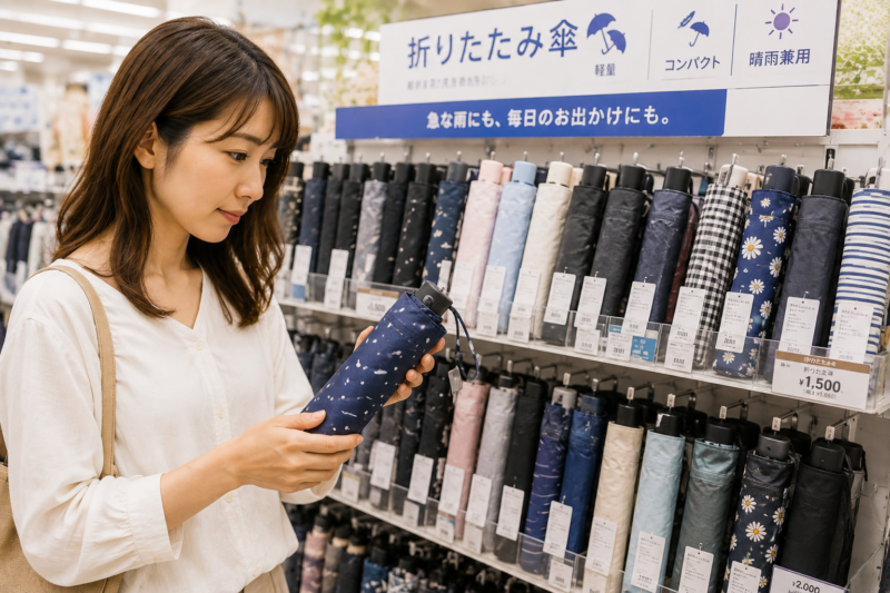 折りたたみ傘が並ぶ売り場で商品を選ぶ女性