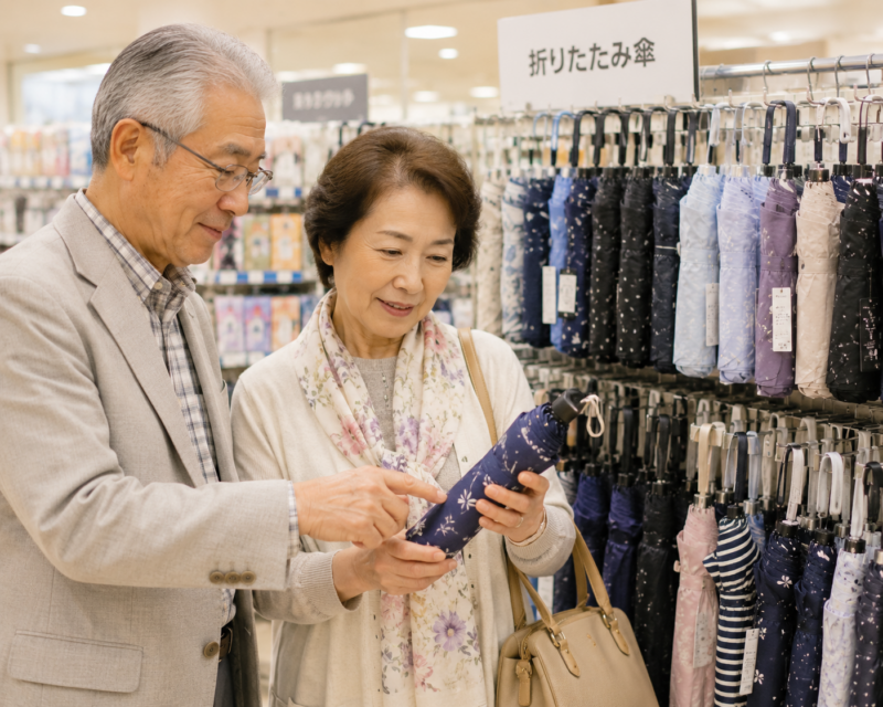折りたたみ傘売り場で商品を選ぶ老夫婦