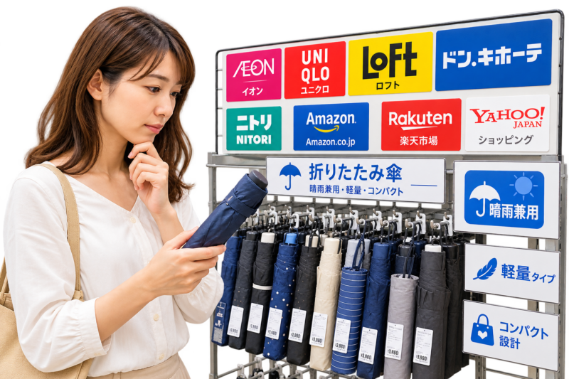 折りたたみ傘売り場で商品を手に取って選ぶ女性