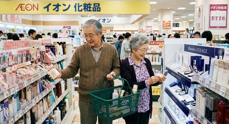 イオンの化粧品コーナーで商品を選ぶシニア夫婦