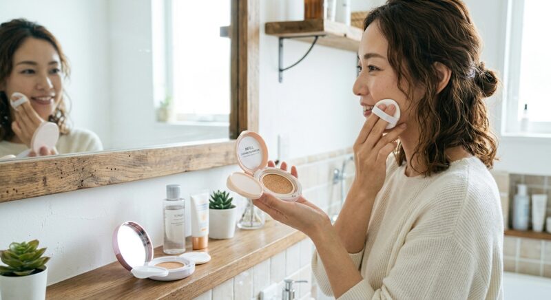 AEON STYLEの店舗でクッションファンデケースを手に取って確認する女性たち