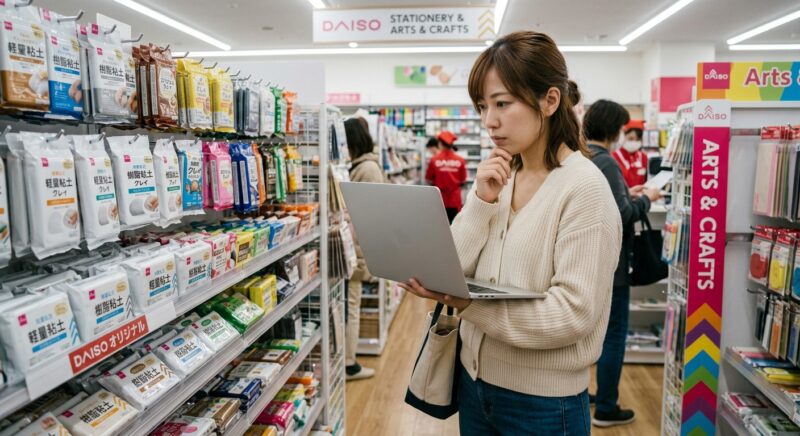 100均ダイソーの工作・粘土コーナーで、パソコン画面と粘土商品を見比べる女性