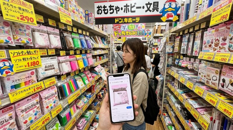 ドン・キホーテのおもちゃ・文具コーナーで、スマホに表示したエンジェルクレイを見ながら商品を探す女性