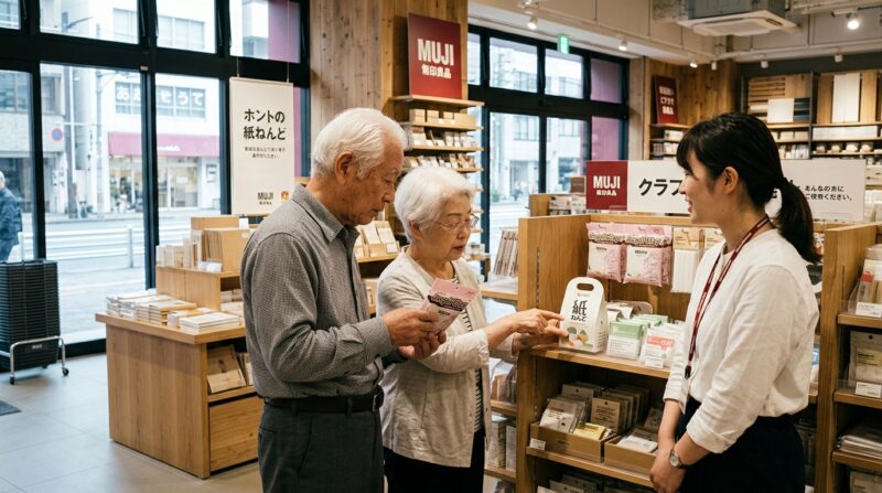 無印良品のクラフトコーナーで、店員から紙ねんどの説明を受ける老夫婦の様子