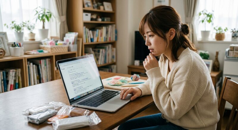 自宅でノートパソコンを開き、エンジェルクレイの代用品をインターネットで検索する女性の様子